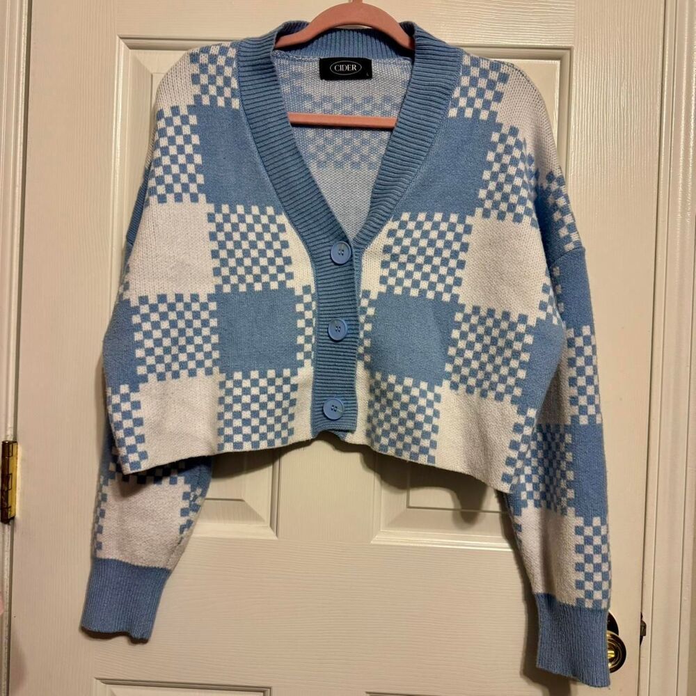 Womens Blue White Checkered Crop Cardigan Preppy Oversize Sweater Pastel Blue L - Picture 2 of 5